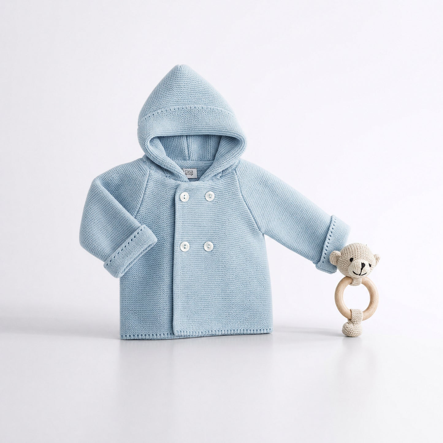 Chaquetón de Punto con CapuchaCEleste Empolvado| Pangasa Bab | Sonajero Kids
