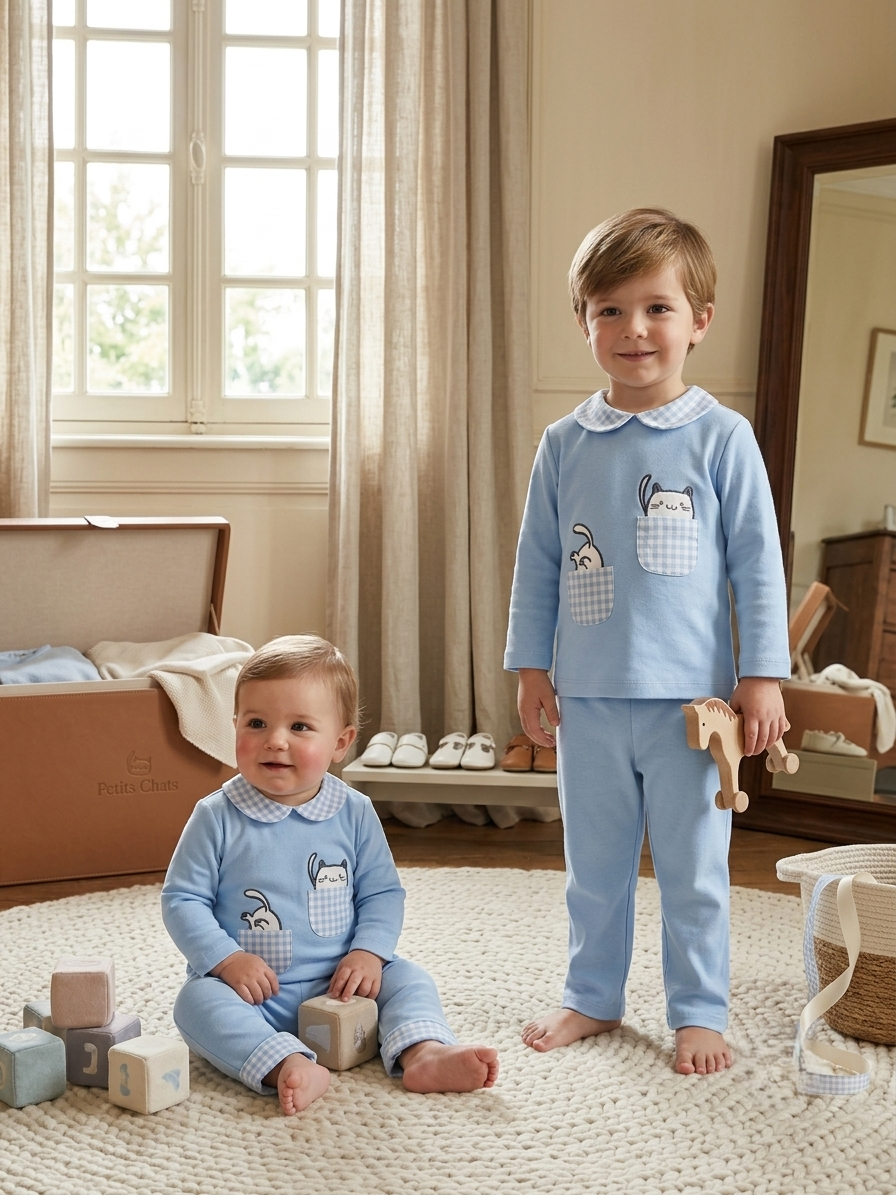 Conjunto Celeste Gatitos y Cuello Vichy | Sonajero Kids