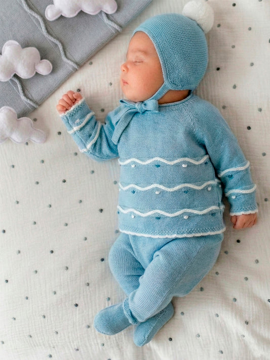 Conjunto de Punto Azul Bebé con Capota | Ropa Recién Nacido | Sonajero Kids