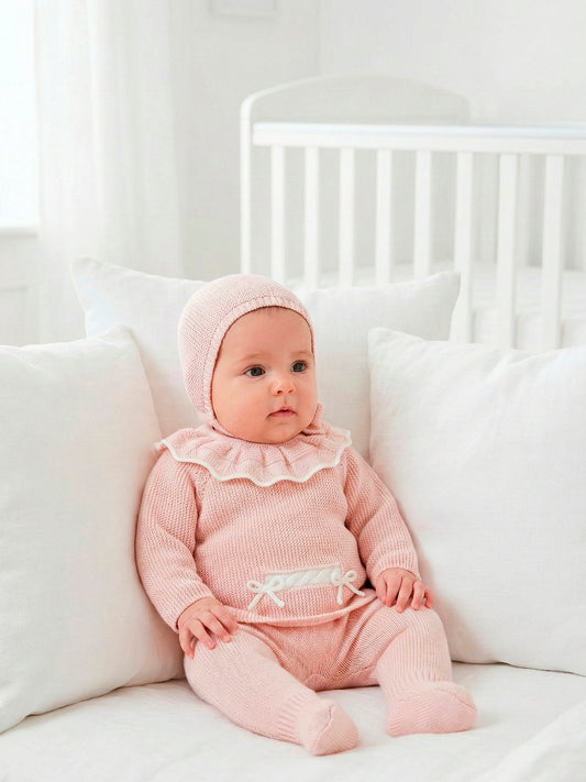 Conjunto de Punto Rosa para Bebé 3 Piezas (Jersey, Polaina y Capota) | Sonajero Kids