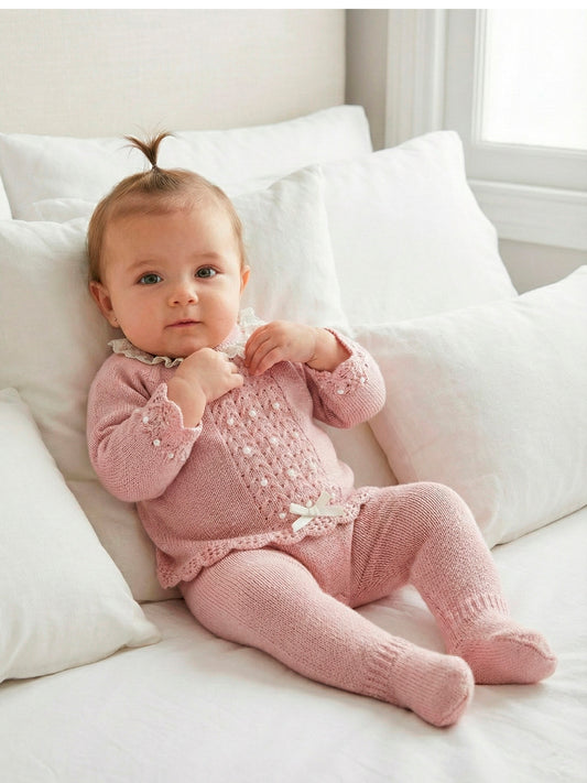 Conjunto de Punto Rosa 3 Piezas para Bebé Niña (Polaina, Jersey y Capota) | Sonajero Kids