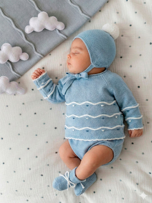 Conjunto de Punto Bebé Azul Celeste 4 Piezas | Sonajero Kids