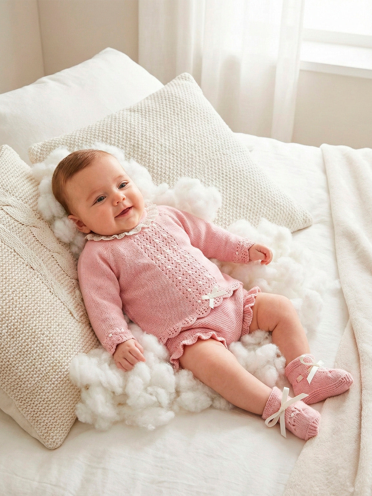 Conjunto Bebé 4 Piezas Punto Rosa - Jersey, Pololo, Capota y Patucos | Sonajero Kids
