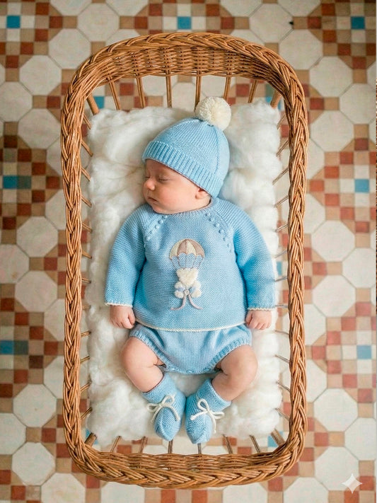 Conjunto de Punto 4 Piezas Bebé Azul Celeste con Osito | Primera Puesta | Sonajero Kids