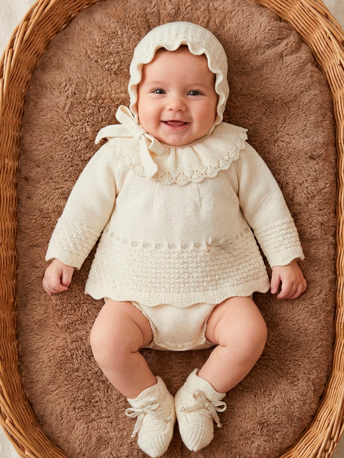 Conjunto de Punto 4 Piezas para Bebé Crudo | Ropa Bebé Elegante | Sonajero Kids