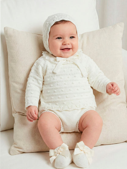 Conjunto Punto Crema Bebe 4 Piezas - Primera Puesta | Sonajero Kids