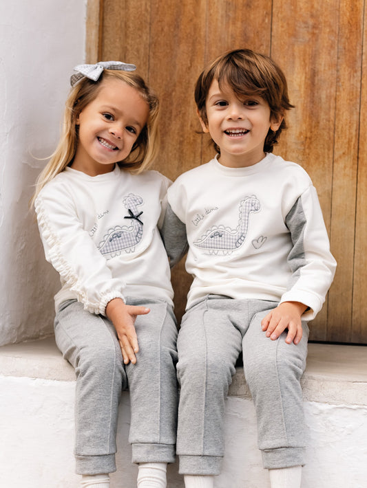 Conjunto Sudadera Dino y Pantalón Gris Bebé | Sonajero Kids