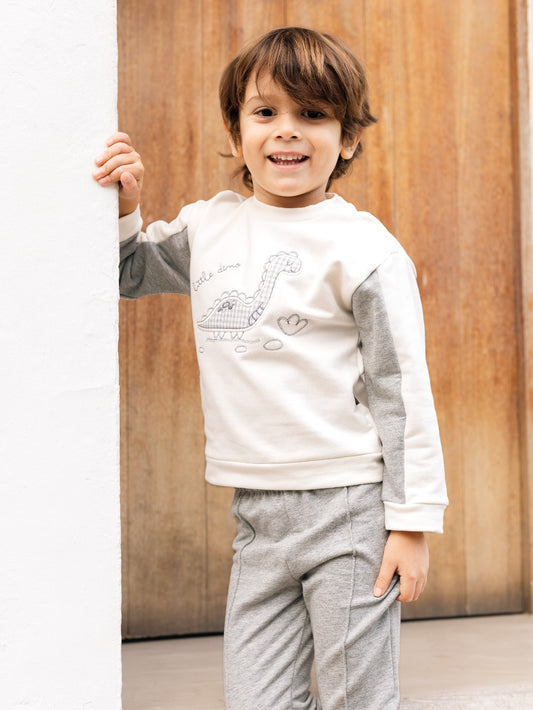Conjunto Bebé Dos Piezas Little Dino Gris y Blanco | Calamaro| Sonajero Kids