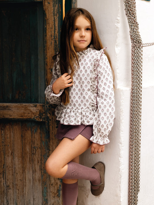 Conjunto Blusa Floral y Shorts Rosa Empolvado para Niña | Sonajero Kids