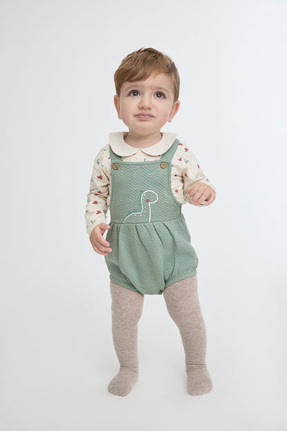 Conjunto Peto Dinosaurio Verde y Body Cuello Bebé | Moda Infantil | Sonajero Kids