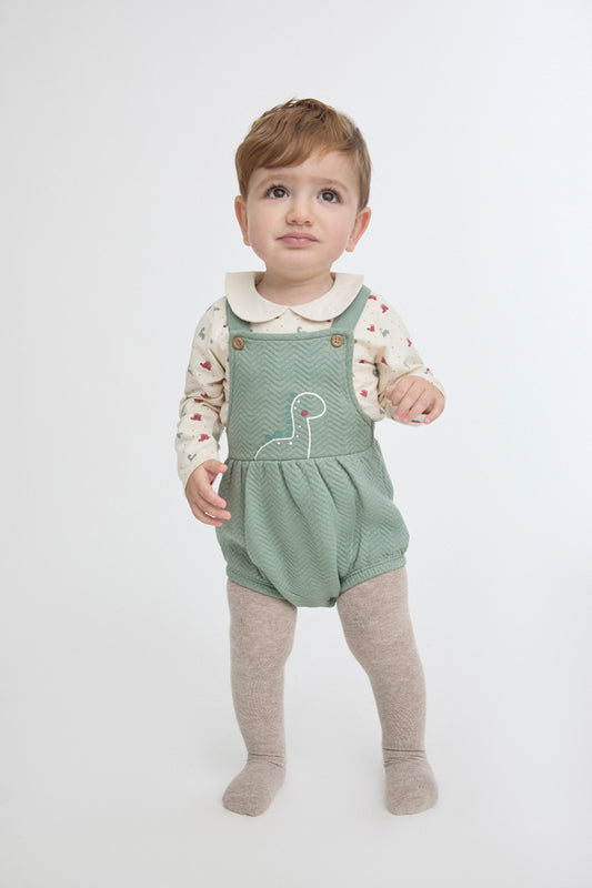 Conjunto Peto Dinosaurio Verde y Body Cuello Bebé | Moda Infantil | Sonajero Kids