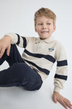 Polo de Manga Larga a Rayas para Niño en Beige y Marino | Sonajero Kids