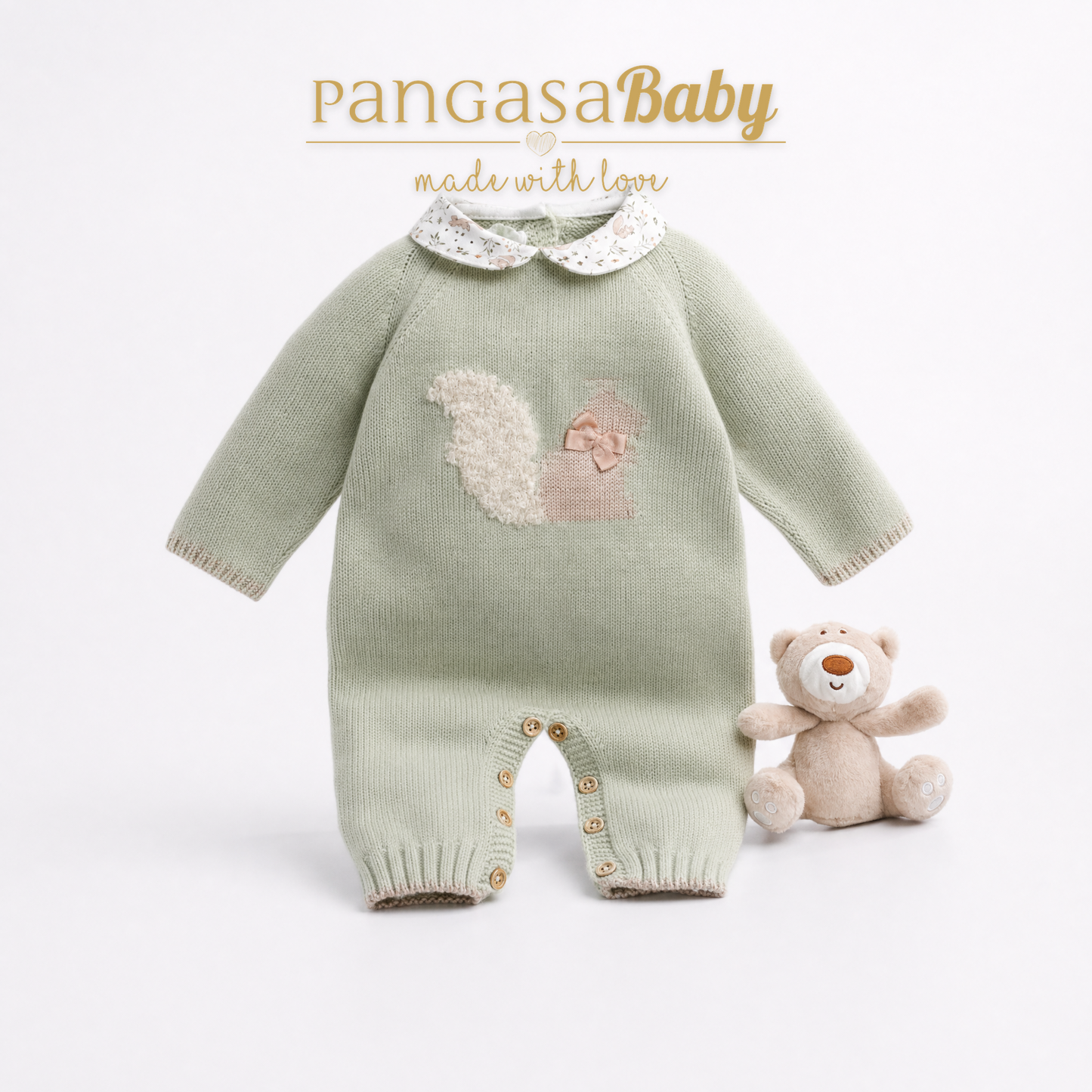 Pelele de Punto Verde Agua con Ardilla Pangasa Baby | Sonajero Kids