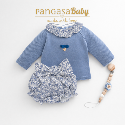 Conjunto de Punto Azul y Braguita Flores Pangasa Baby | Sonajero Kids