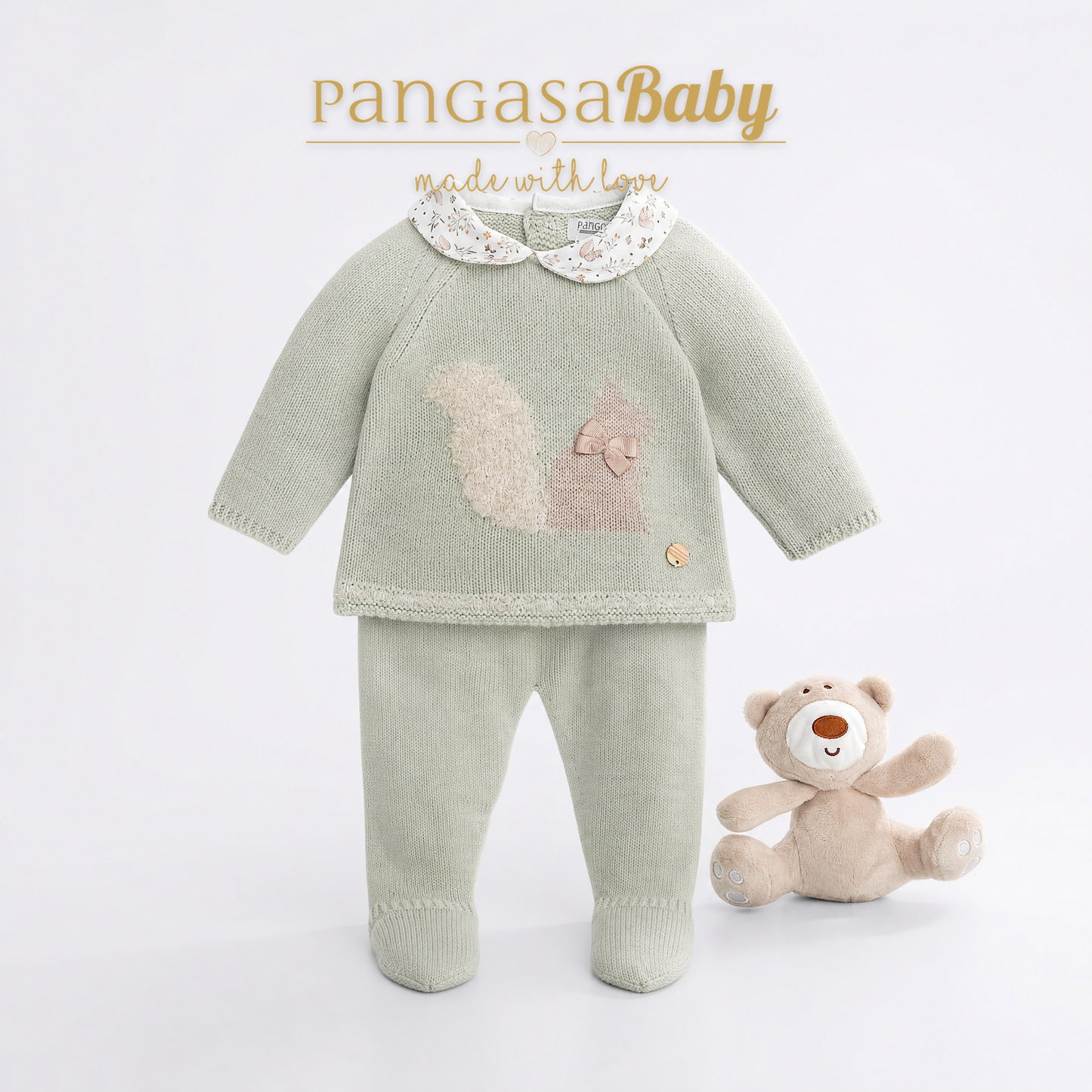 Conjunto de Punto Pangasa Baby Verde Agua con Ardilla | Sonajero Kids