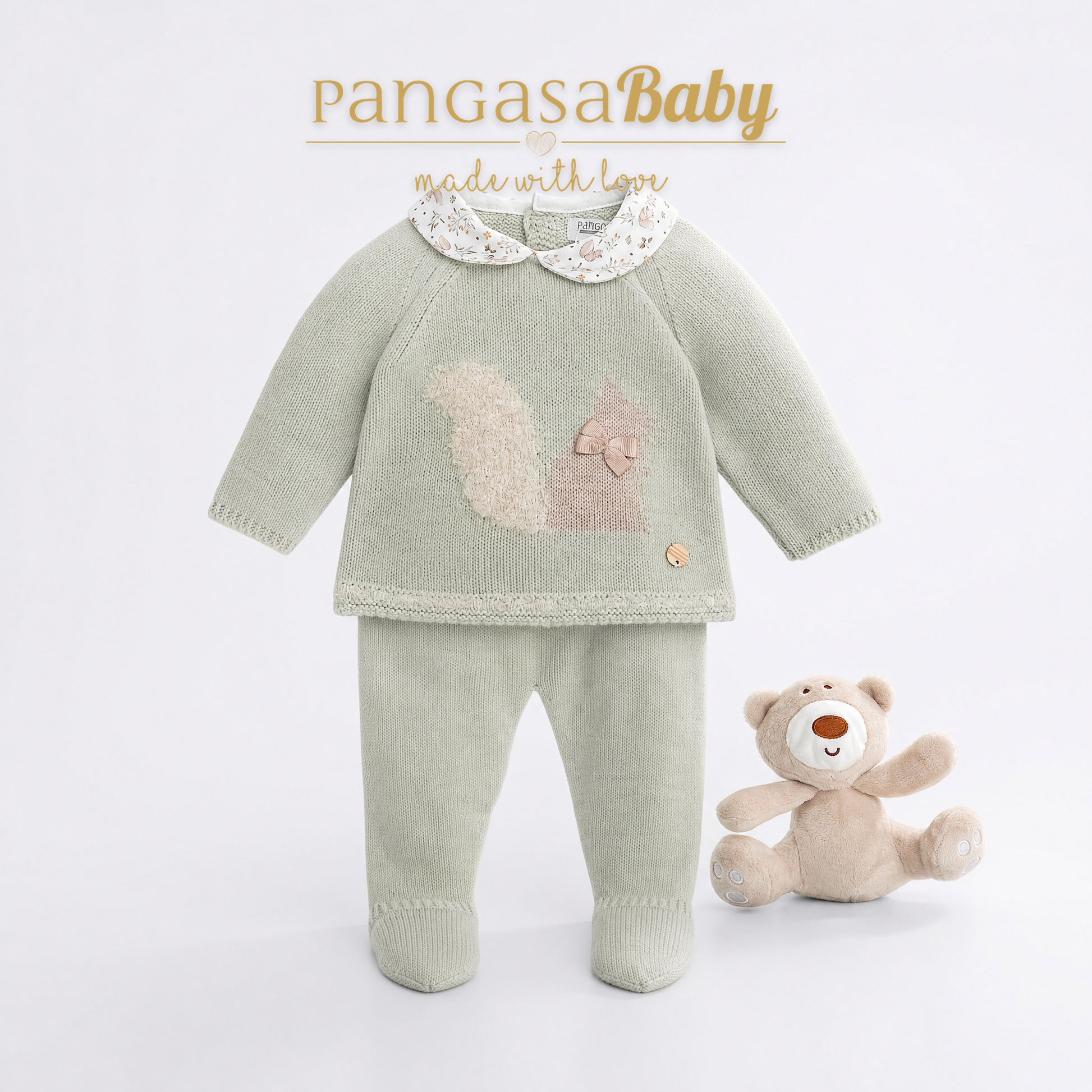 Conjunto de Punto Pangasa Baby Verde Agua con Ardilla | Sonajero Kids