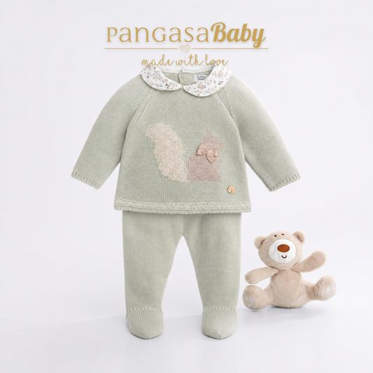 Conjunto de Punto Pangasa Baby Verde Agua con Ardilla | Sonajero Kids