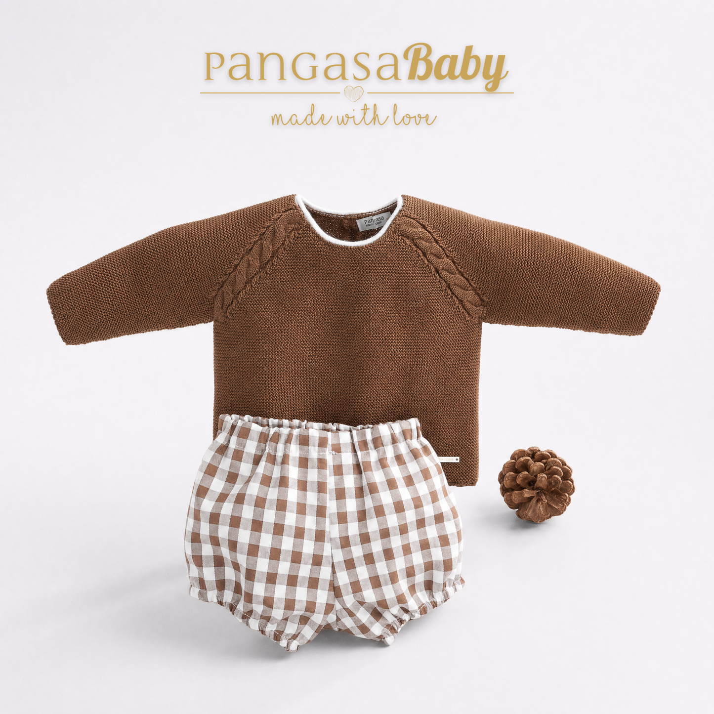Conjunto Bebé de Punto Marrón y Bombacho Cuadros · Pangasa Baby