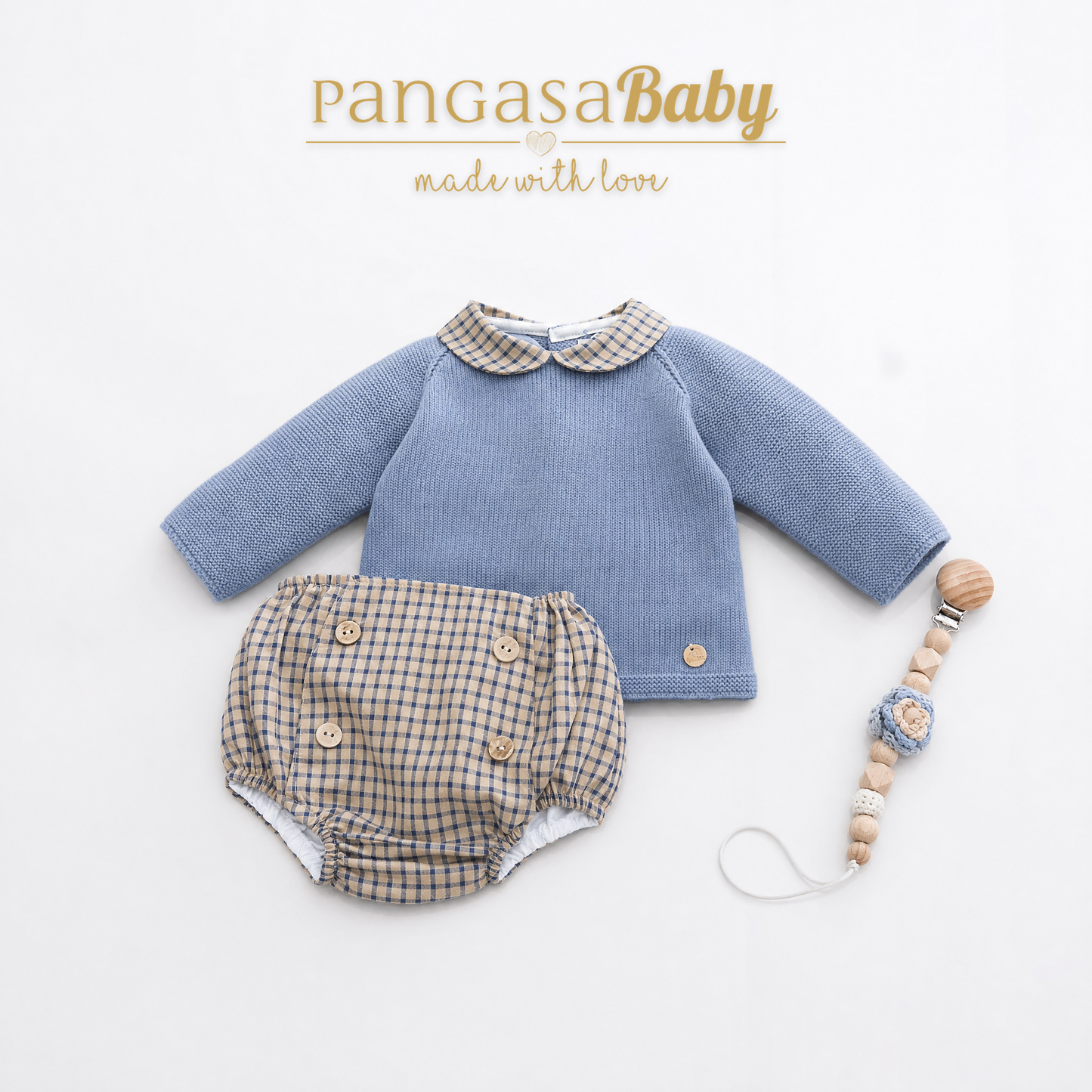 Conjunto de Punto Azul y Braguita de Cuadros Pangasa Baby | Sonajero Kids