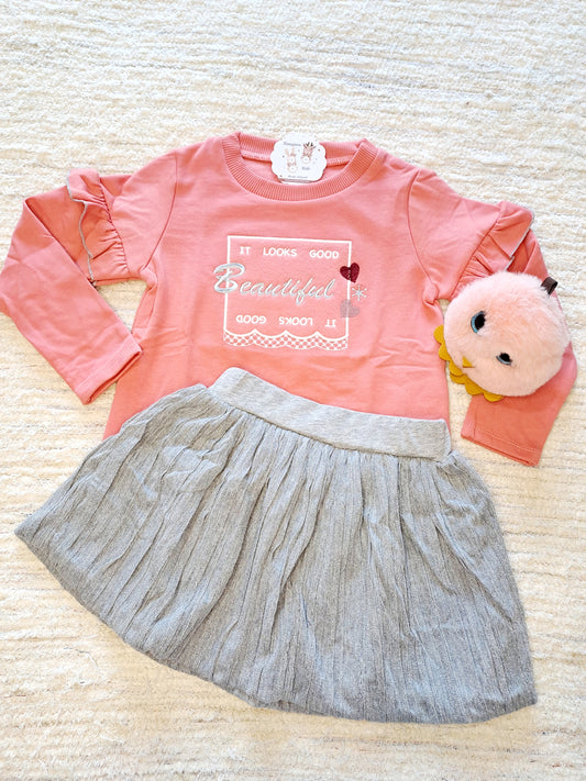 Conjunto Coral Falda Plisada