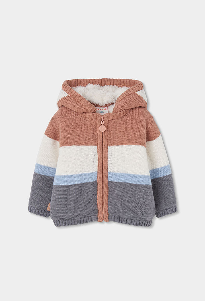 Chaqueta de punto a rayas terracota, crema y gris con capucha de borreguito para bebé | Boboli | Sonajero Kids