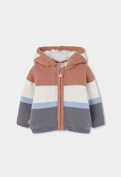 Chaqueta de punto a rayas terracota, crema y gris con capucha de borreguito para bebé | Boboli | Sonajero Kids