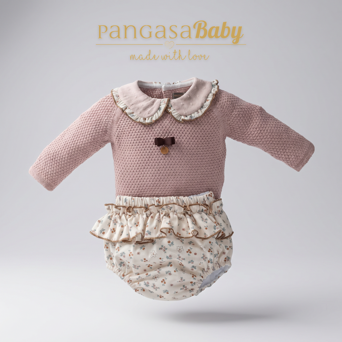 Conjunto Bebé de Punto Rosa y Braguita Estampada Flores Pangasa Baby | Sonajero Kids