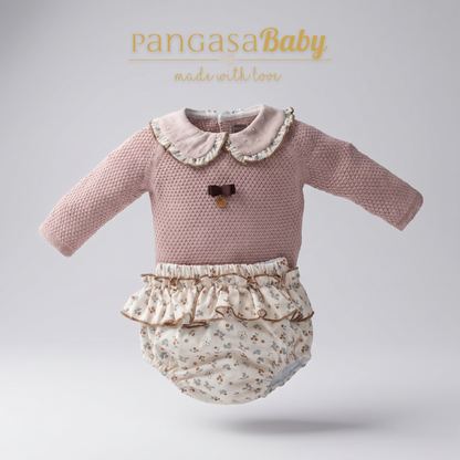 Conjunto Bebé de Punto Rosa y Braguita Estampada Flores Pangasa Baby | Sonajero Kids