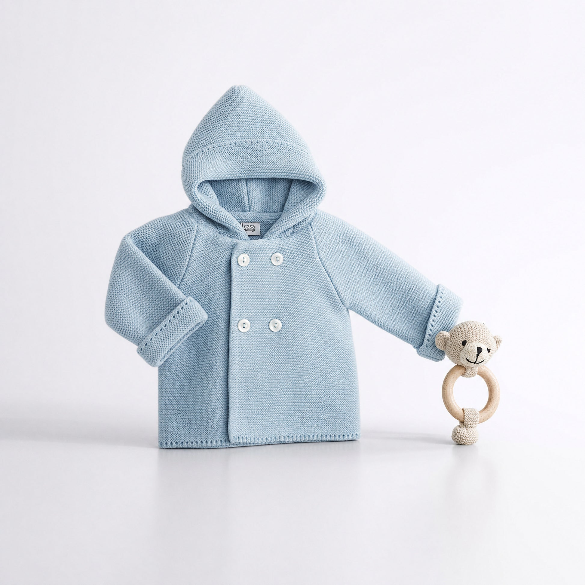 Chaquetón de Punto con CapuchaCEleste Empolvado| Pangasa Bab | Sonajero Kids