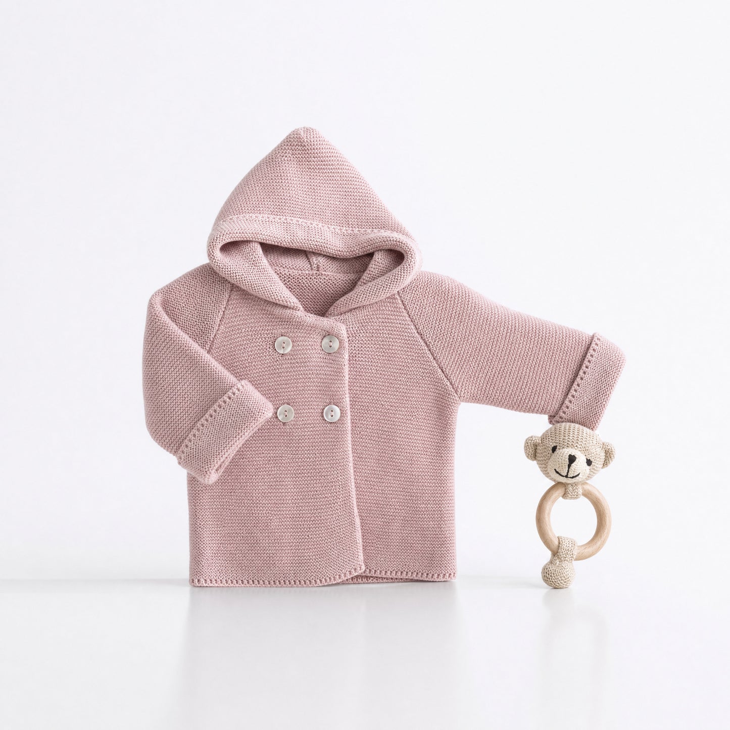 Chaquetón de Punto con Capucha Rosa Vintage | Pangasa Baby | Sonajero Kids