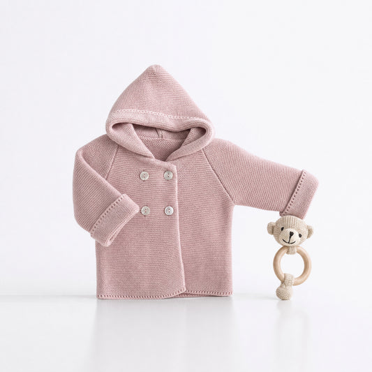 Chaquetón de Punto con Capucha Rosa Vintage | Pangasa Baby | Sonajero Kids