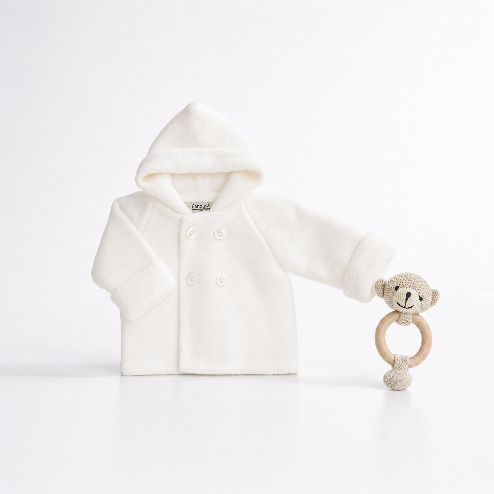 Chaquetón de Punto con Capucha Blanco | Pangasa Baby | Sonajero Kids