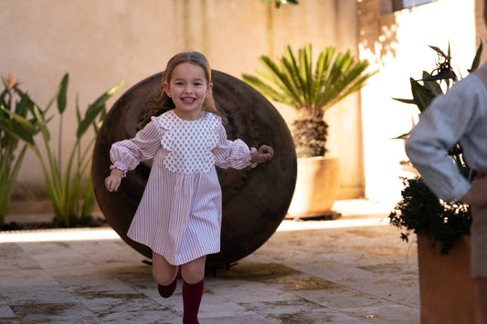 Vestido Niña Rayas Rosa y Canesú Floral | Sonajero Kids