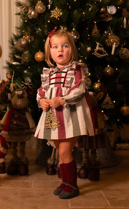 Conjunto Vestido y Braguita Rayas Burdeos y Oliva | Sonajero Kids