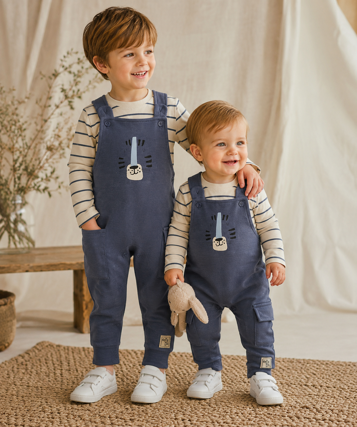 Conjunto de Peto azul y camiseta de rallas | Sonajero kids