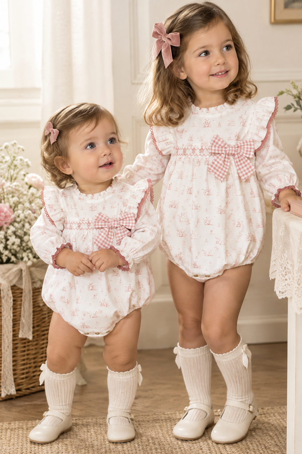 Pelele Bebé Rosa y Crema con Lazo | Sonajero Kids