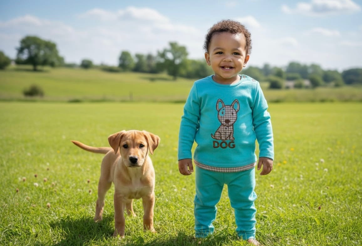Conjunto Bebé Turquesa de Algodón con Bordado Perrito | Sonajero Kids