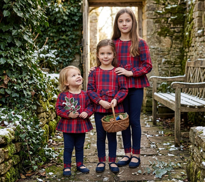 Conjunto Infantil de Tartán Rojo y Leggings Azul Marino | Moda Niña | Sonajero Kids