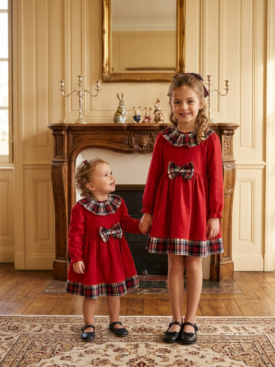 Vestido Infantil Rojo con Cuadros Tartán y Lazo | Sonajero Kids