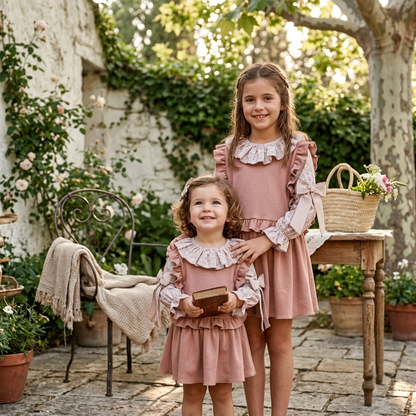 Conjunto 3 piezas Rosa Empolvado con Volantes y Cuello Floral | Sonajero Kids