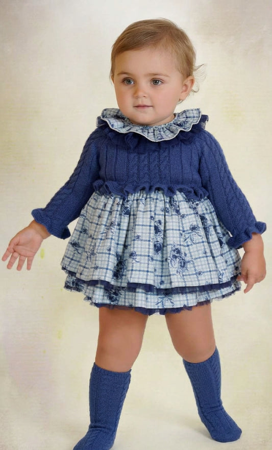 Vestido de Punto Azul y Estampado Floral | Rahigo Moda Infantil | Sonajero Kids