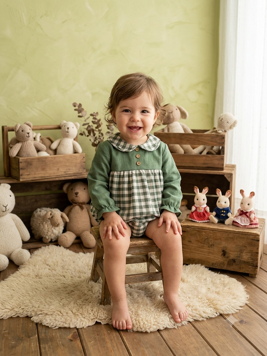 Pelele Bebé Cuadros Vichy Verde | Sonajero Kids