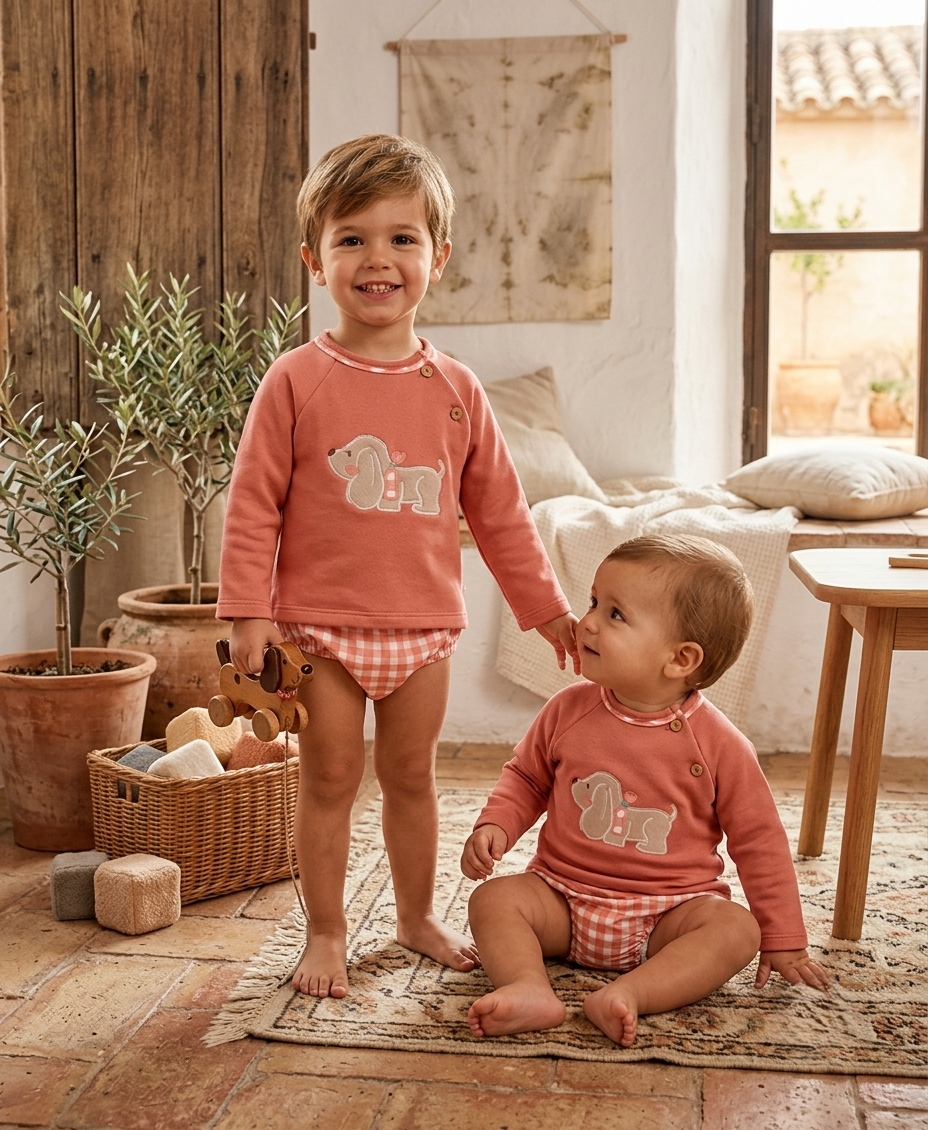 Conjunto Bebé Coral con Perrito y Cuadros Vichy | Sonajero Kids