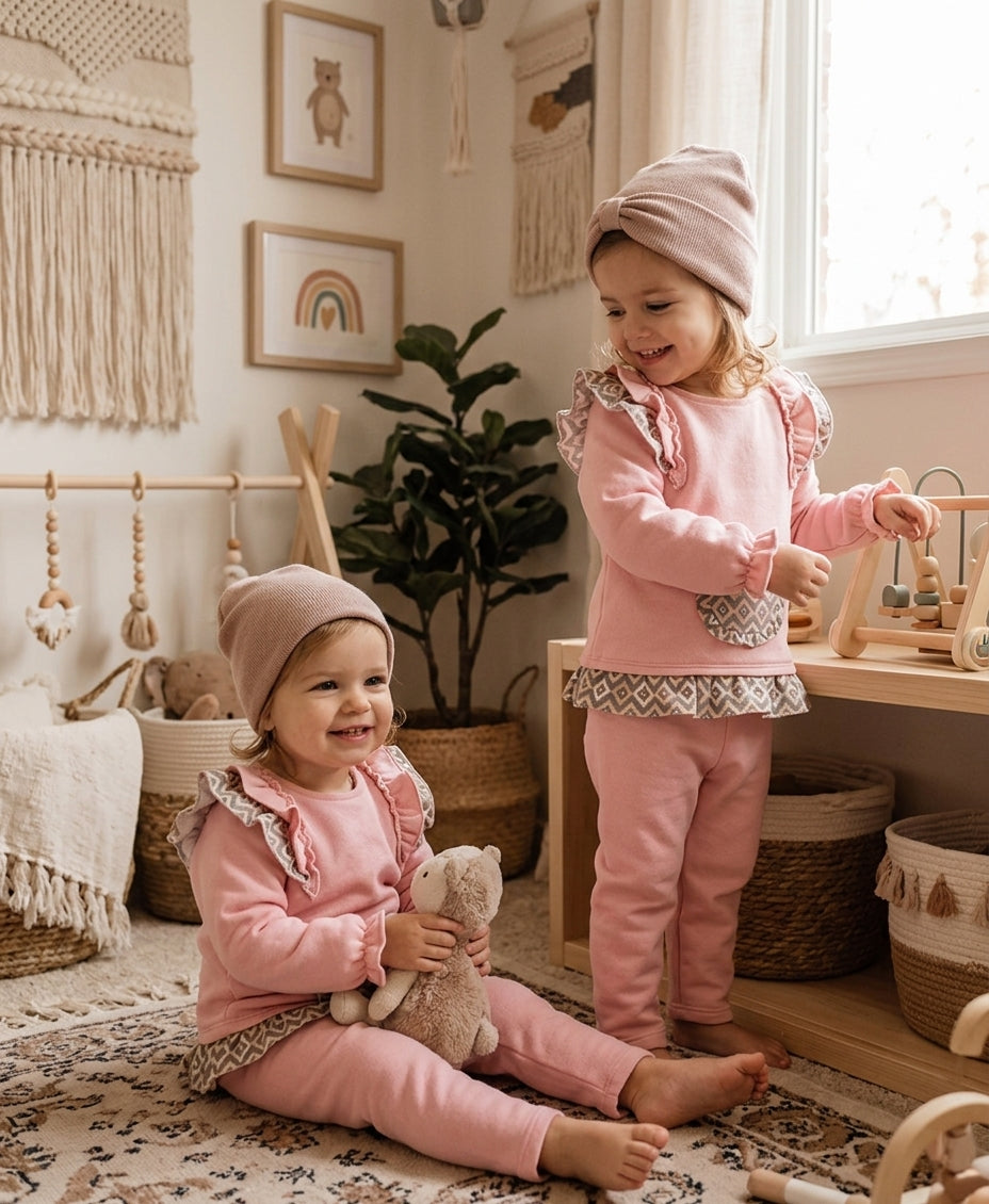 Conjunto Niña Rosa con Volantes y Estampado Geométrico | Moda Infantil | Sonajero Kids