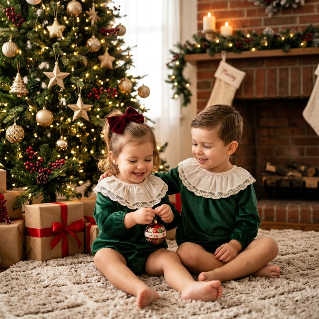 Pelele Bebé Terciopelo Verde Navidad con Encaje | Sonajero Kids