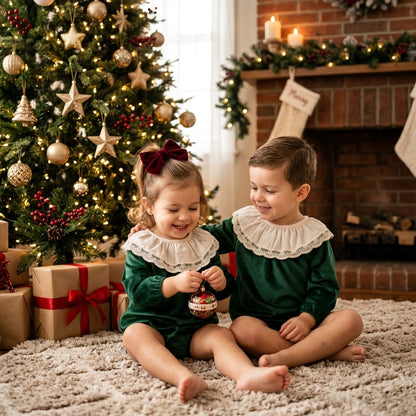 Pelele Bebé Terciopelo Verde Navidad con Encaje | Sonajero Kids