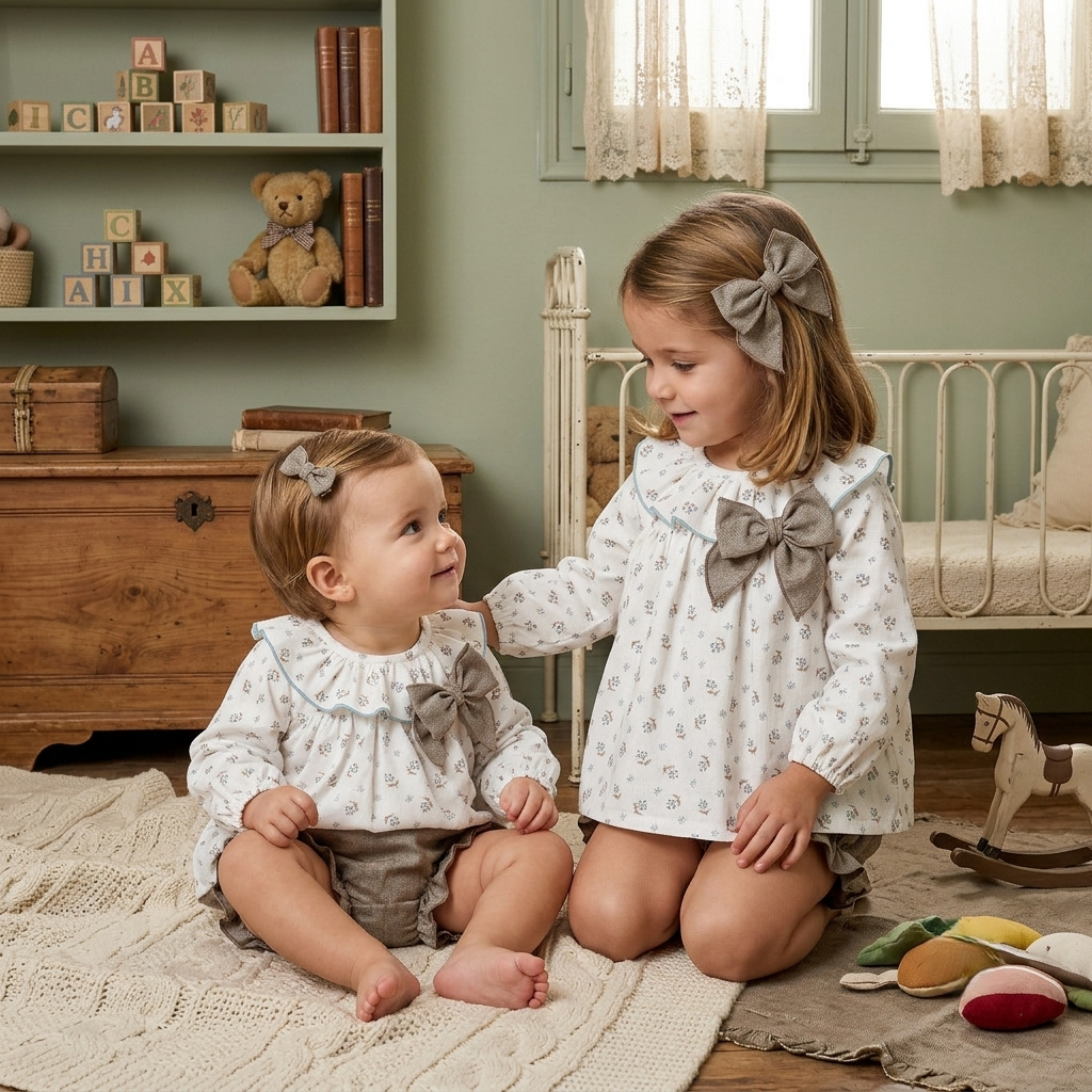 Conjunto Infantil Floral y Espiga con Lazo | Moda Infantil Classica | Sonajero Kids