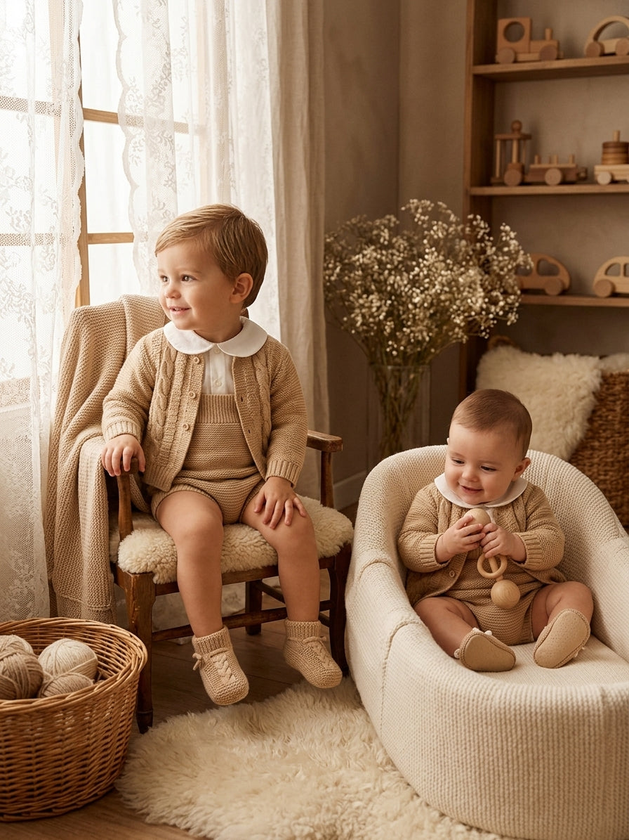 Conjunto Bebé 3 Piezas Beige de Punto | Ropa Clásica e Infantil | Sonajero Kids