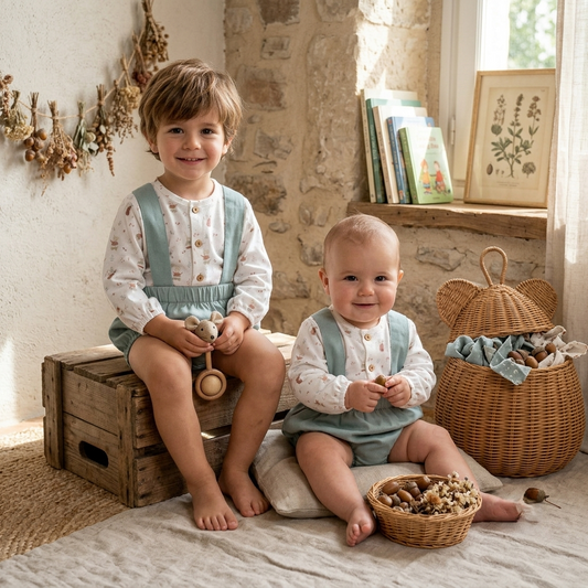 Conjunto Ranita Tirantes Verde Agua y Blusa Estampada | Sonajero Kids