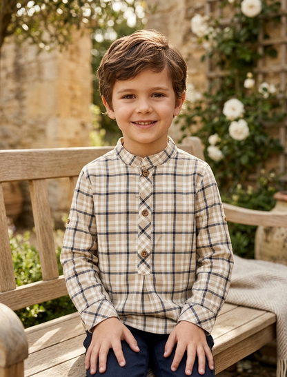 Camisa Niño Cuadros Beige Cuello Mao | Sonajero Kids